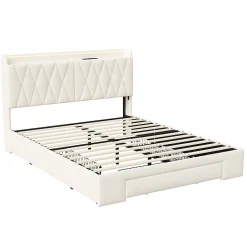 lit double 160x200 avec tiroirs,lit capitonné,rangement tête de lit, tête de lit ouverte,chargement USB,LED réglable,velours,beige><noscript><img width=