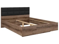 Lit double 160x200 avec tête de lit rembourrée noir ,coloris Chêne marron foncé - L. 206 x P. 165 x H. 42-98,5 cm>Pegane Discount