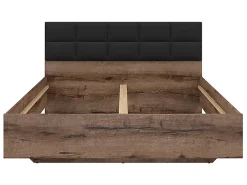 Lit double 160x200 avec tête de lit rembourrée noir ,coloris Chêne marron foncé - L. 206 x P. 165 x H. 42-98,5 cm>Pegane Discount
