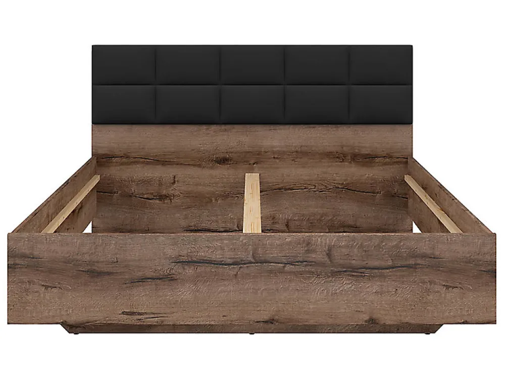 Lit double 160x200 avec tête de lit rembourrée noir ,coloris Chêne marron foncé - L. 206 x P. 165 x H. 42-98,5 cm>Pegane Discount