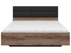 Lit double 160x200 avec tête de lit rembourrée noir ,coloris Chêne marron foncé - L. 206 x P. 165 x H. 42-98,5 cm><noscript><img width=