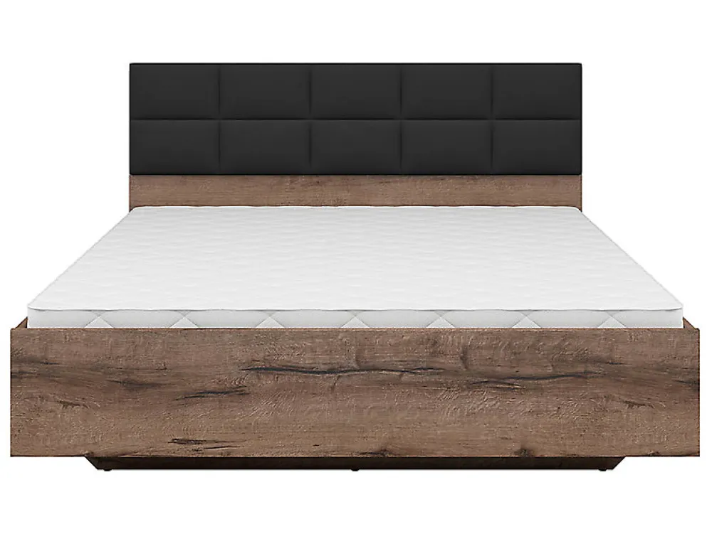 Lit double 160x200 avec tête de lit rembourrée noir ,coloris Chêne marron foncé - L. 206 x P. 165 x H. 42-98,5 cm>Pegane Discount