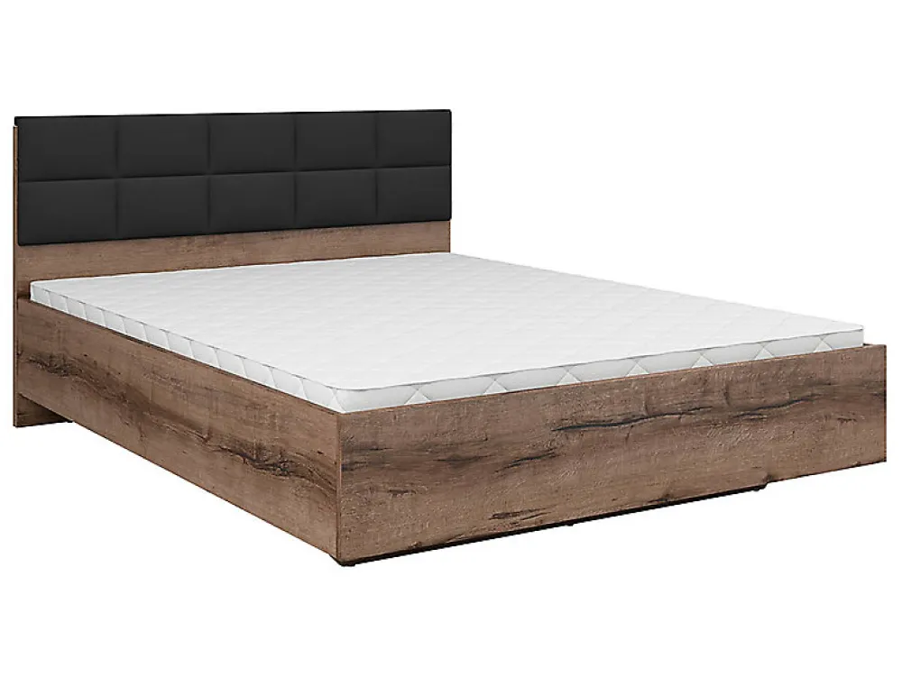 Lit double 160x200 avec tête de lit rembourrée noir ,coloris Chêne marron foncé - L. 206 x P. 165 x H. 42-98,5 cm>Pegane Discount