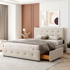 Okwish Lit Double 140x200 cm - avec 4 Tiroirs, Lit Confortable en Velours, Tête de Lit capitonnée, Sans Matelas, Beige* Lit Double