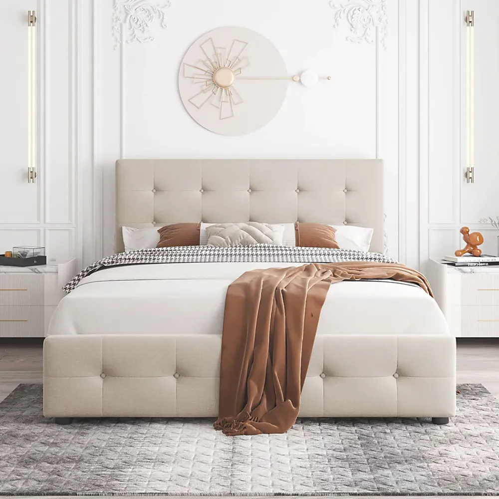 Okwish Lit Double 140x200 cm - avec 4 Tiroirs, Lit Confortable en Velours, Tête de Lit capitonnée, Sans Matelas, Beige* Lit Double