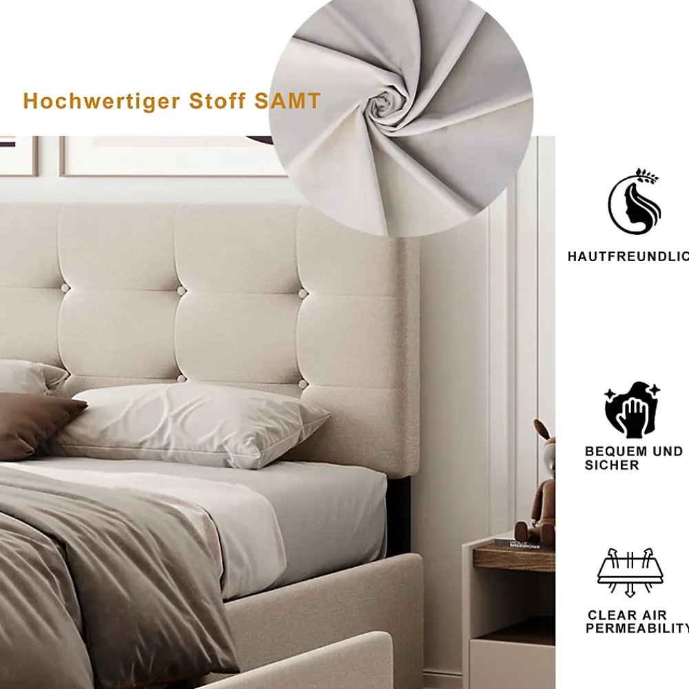Okwish Lit Double 140x200 cm - avec 4 Tiroirs, Lit Confortable en Velours, Tête de Lit capitonnée, Sans Matelas, Beige* Lit Double