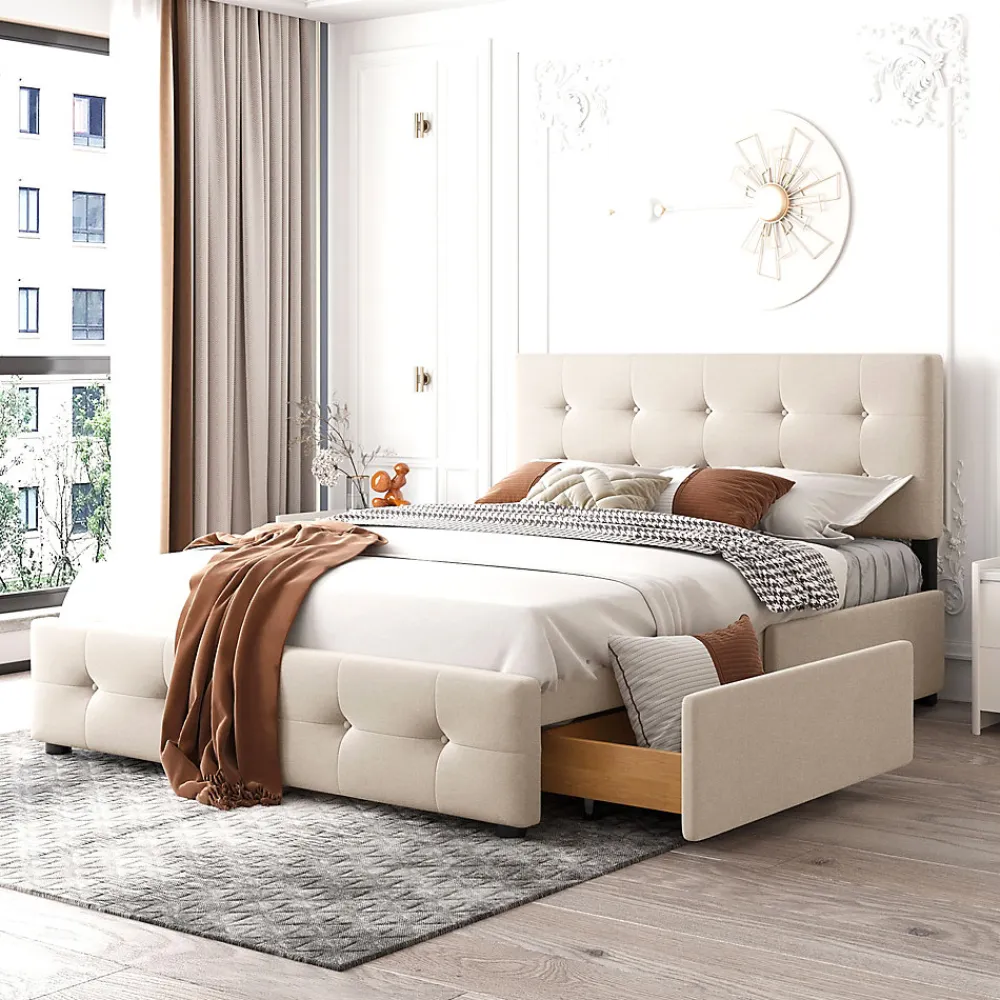 Okwish Lit Double 140x200 cm - avec 4 Tiroirs, Lit Confortable en Velours, Tête de Lit capitonnée, Sans Matelas, Beige* Lit Double