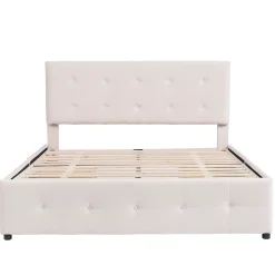 Okwish Lit Double 140x200 cm - avec 4 Tiroirs, Lit Confortable en Velours, Tête de Lit capitonnée, Sans Matelas, Beige* Lit Double