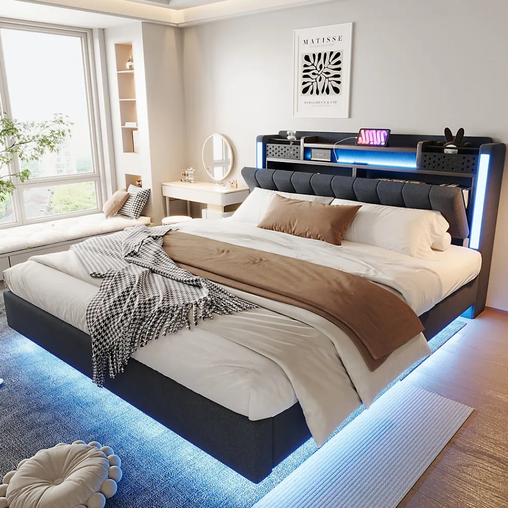 Okwish Lit Double 160x200 cm - avec Coffre de Rangement, LED et Port USB Intégré, Sans Matelas, Tissu Lin, Gris* Lit Double