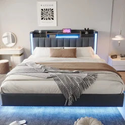 Okwish Lit Double 160x200 cm - avec Coffre de Rangement, LED et Port USB Intégré, Sans Matelas, Tissu Lin, Gris* Lit Double