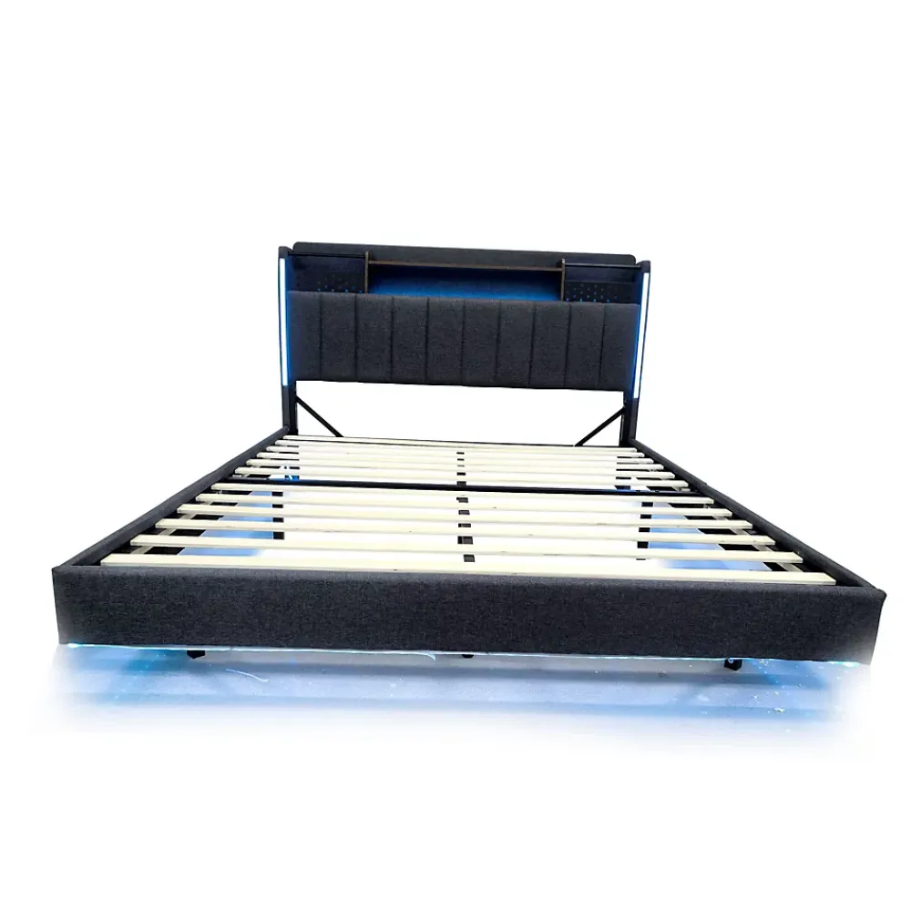 Okwish Lit Double 160x200 cm - avec Coffre de Rangement, LED et Port USB Intégré, Sans Matelas, Tissu Lin, Gris* Lit Double