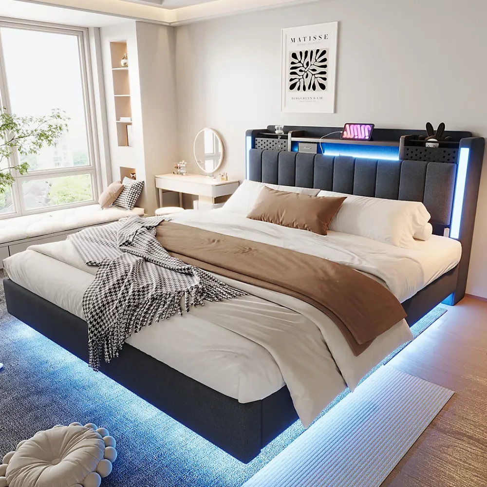 Okwish Lit Double 160x200 cm - avec Coffre de Rangement, LED et Port USB Intégré, Sans Matelas, Tissu Lin, Gris* Lit Double