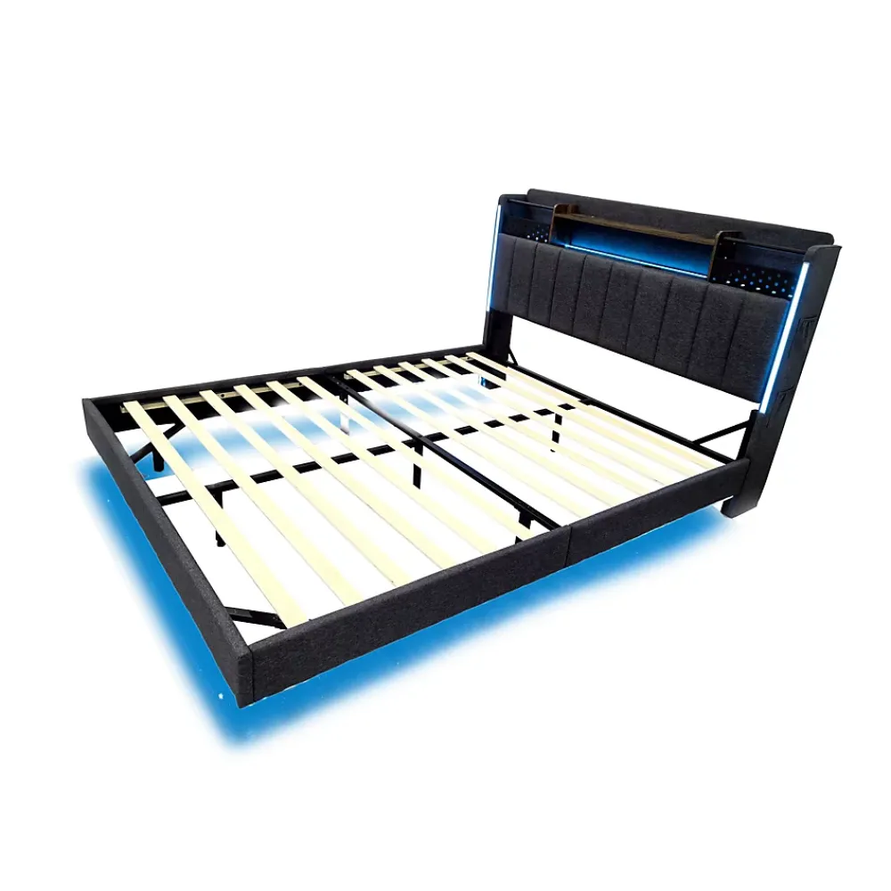 Okwish Lit Double 160x200 cm - avec Coffre de Rangement, LED et Port USB Intégré, Sans Matelas, Tissu Lin, Gris* Lit Double
