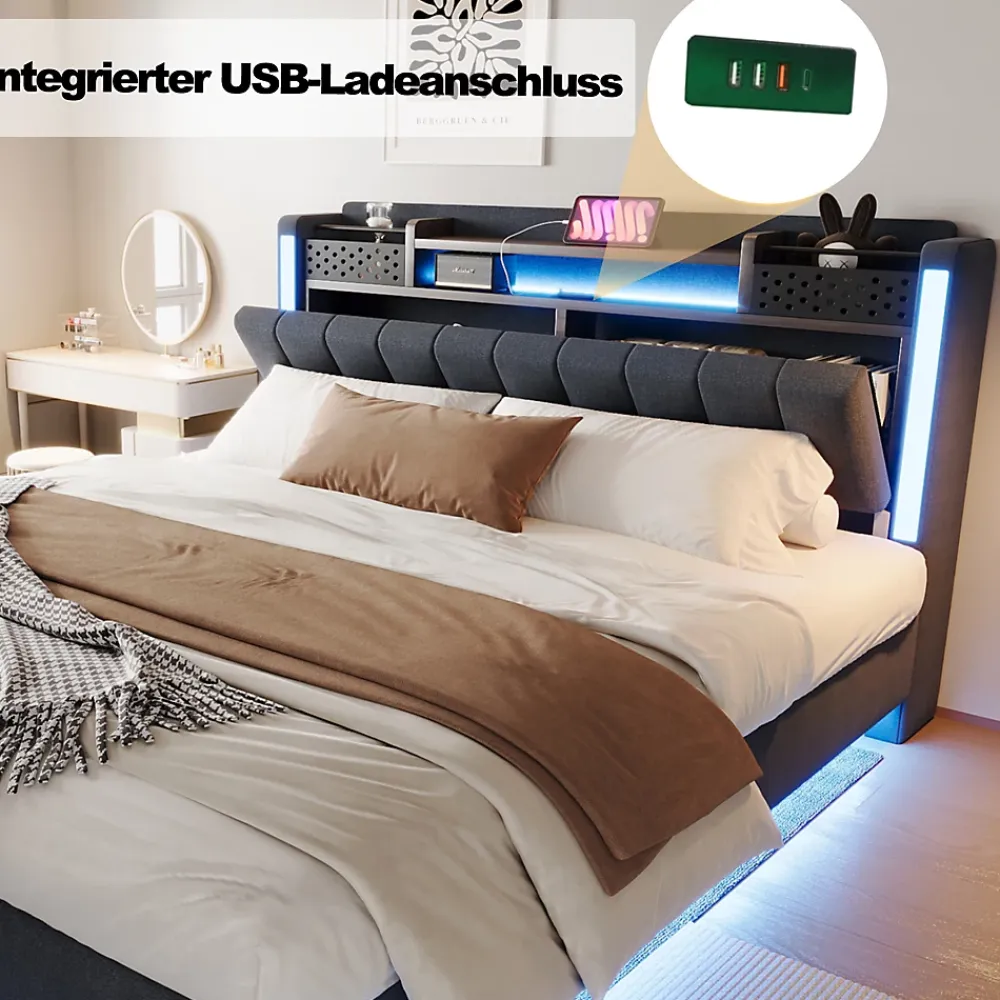 Okwish Lit Double 160x200 cm - avec Coffre de Rangement, LED et Port USB Intégré, Sans Matelas, Tissu Lin, Gris* Lit Double