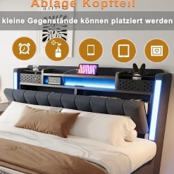 Okwish Lit Double 160x200 cm - avec Coffre de Rangement, LED et Port USB Intégré, Sans Matelas, Tissu Lin, Gris* Lit Double