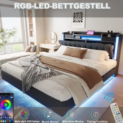 Okwish Lit Double 160x200 cm - avec Coffre de Rangement, LED et Port USB Intégré, Sans Matelas, Tissu Lin, Gris* Lit Double