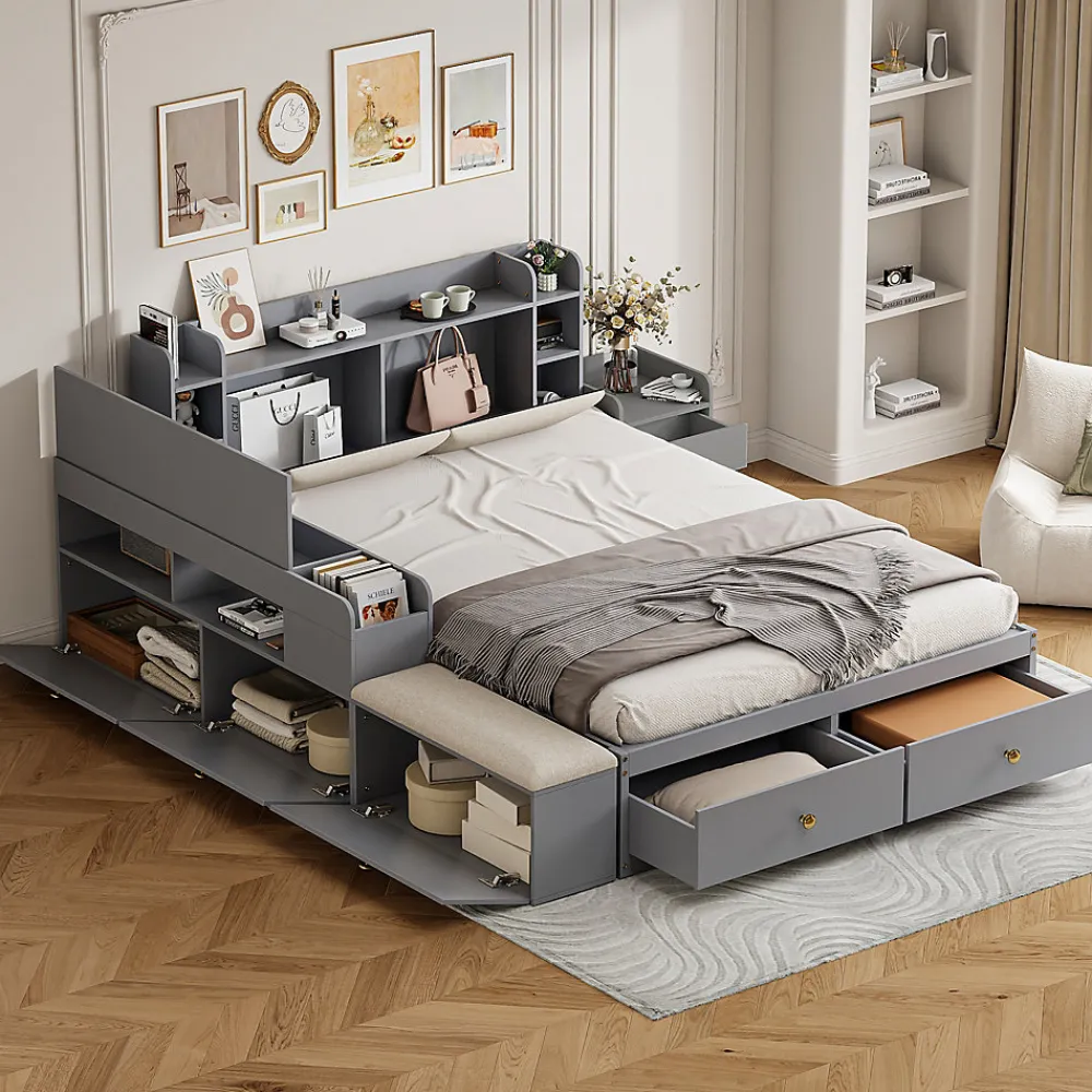Lit Double 140x200 cm - avec Rangement Intégré et Tiroirs Latéraux, Banc Coffre pour Gain de Place - Gris>Okwish New