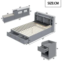 Lit Double 140x200 cm - avec Rangement Intégré et Tiroirs Latéraux, Banc Coffre pour Gain de Place - Gris><noscript><img width=