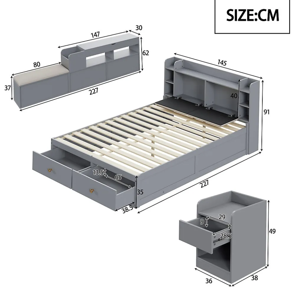 Lit Double 140x200 cm - avec Rangement Intégré et Tiroirs Latéraux, Banc Coffre pour Gain de Place - Gris>Okwish New