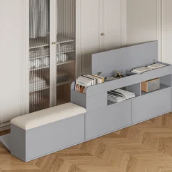 Lit Double 140x200 cm - avec Rangement Intégré et Tiroirs Latéraux, Banc Coffre pour Gain de Place - Gris><noscript><img width=