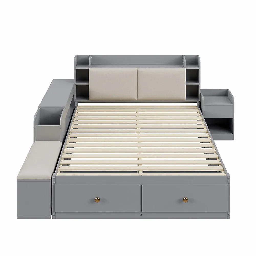 Lit Double 140x200 cm - avec Rangement Intégré et Tiroirs Latéraux, Banc Coffre pour Gain de Place - Gris>Okwish New