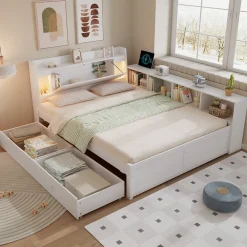 Lit Double 140x200 cm - avec Rangement, Tiroirs sous le Lit, Chargeur et Lumière Intégrée, en MDF Blanc, Sans Matelas>Okwish New