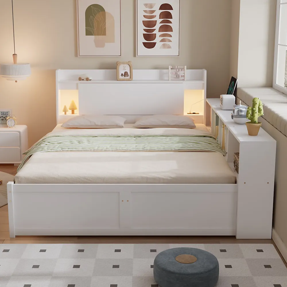 Lit Double 140x200 cm - avec Rangement, Tiroirs sous le Lit, Chargeur et Lumière Intégrée, en MDF Blanc, Sans Matelas>Okwish New