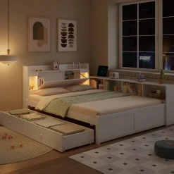 Lit Double 140x200 cm - avec Rangement, Tiroirs sous le Lit, Chargeur et Lumière Intégrée, en MDF Blanc, Sans Matelas><noscript><img width=