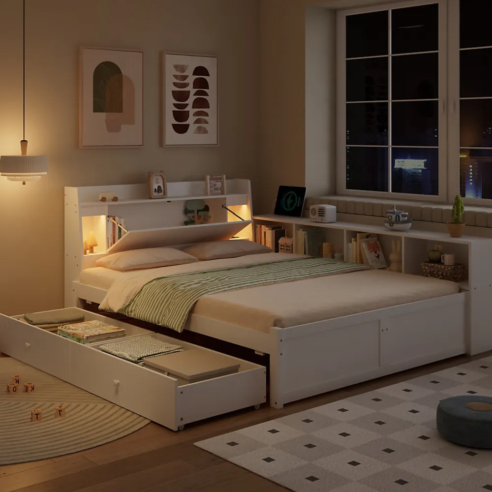 Lit Double 140x200 cm - avec Rangement, Tiroirs sous le Lit, Chargeur et Lumière Intégrée, en MDF Blanc, Sans Matelas>Okwish New