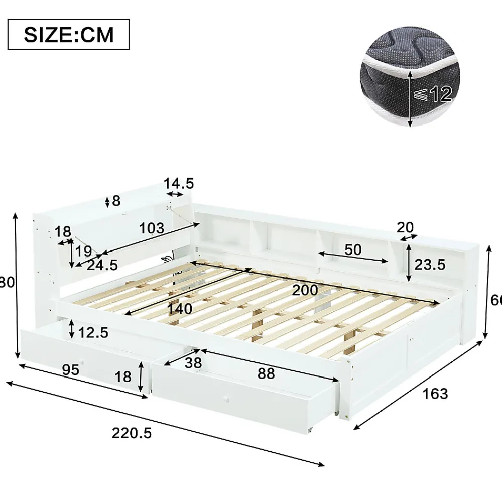 Lit Double 140x200 cm - avec Rangement, Tiroirs sous le Lit, Chargeur et Lumière Intégrée, en MDF Blanc, Sans Matelas>Okwish New