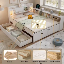 Lit Double 140x200 cm - avec Rangement, Tiroirs sous le Lit, Chargeur et Lumière Intégrée, en MDF Blanc, Sans Matelas><noscript><img width=