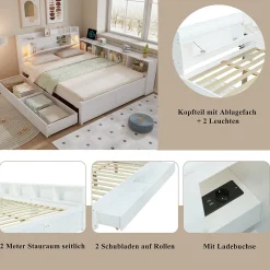 Lit Double 140x200 cm - avec Rangement, Tiroirs sous le Lit, Chargeur et Lumière Intégrée, en MDF Blanc, Sans Matelas><noscript><img width=
