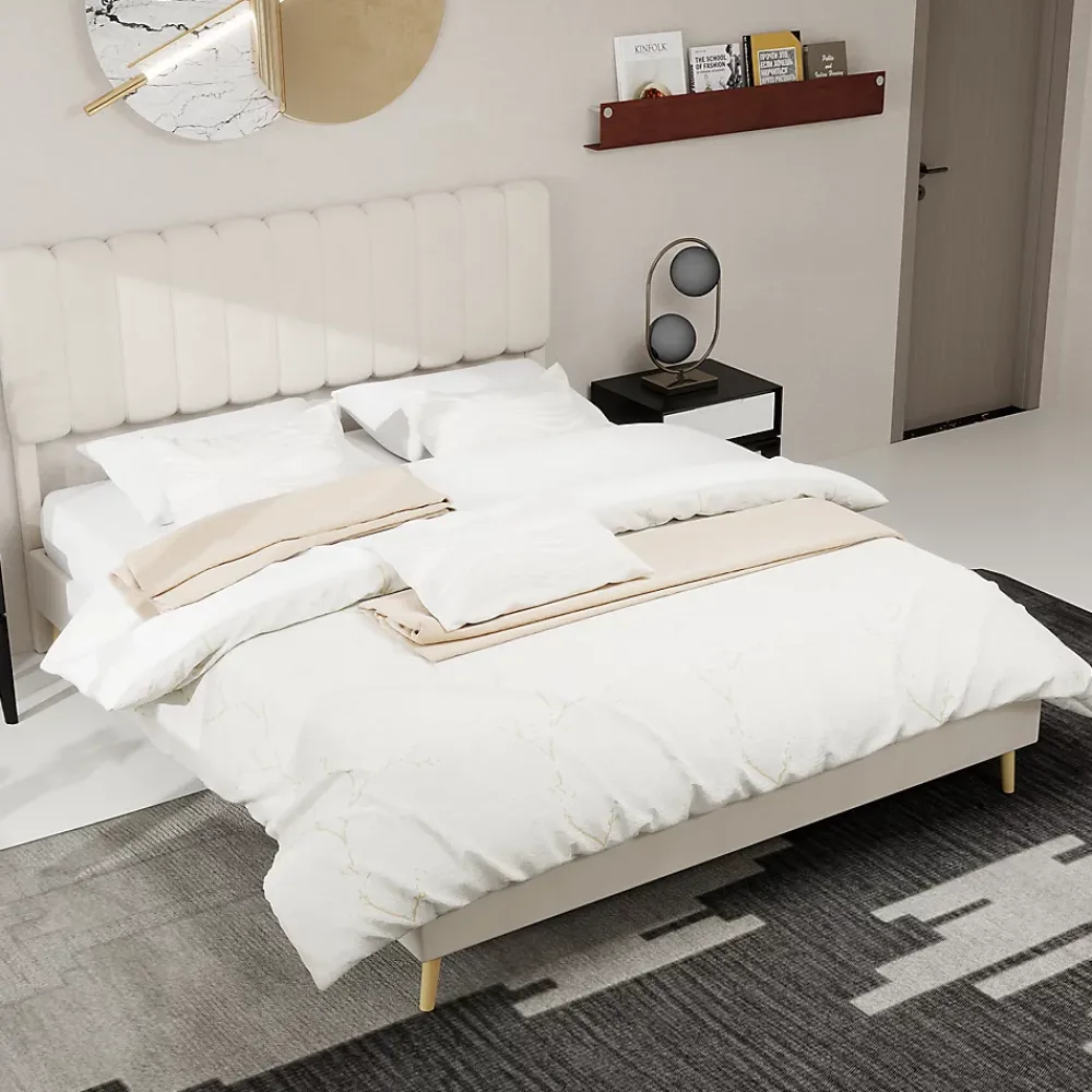 Okwish Lit Double 160x200 cm - avec Tête de Lit Douce et Base Basse Anti-Poussière, Cadre Confortable, en Velours, Beige, Sans Matelas* Lit Double