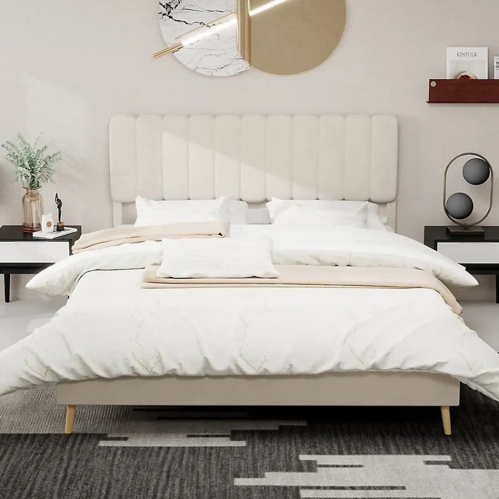 Okwish Lit Double 160x200 cm - avec Tête de Lit Douce et Base Basse Anti-Poussière, Cadre Confortable, en Velours, Beige, Sans Matelas* Lit Double