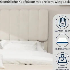 Okwish Lit Double 160x200 cm - avec Tête de Lit Douce et Base Basse Anti-Poussière, Cadre Confortable, en Velours, Beige, Sans Matelas* Lit Double