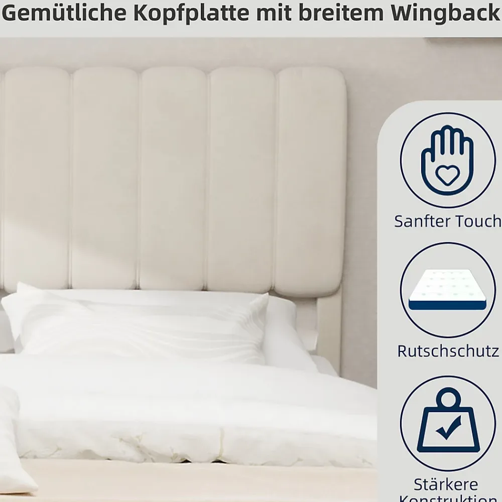 Okwish Lit Double 160x200 cm - avec Tête de Lit Douce et Base Basse Anti-Poussière, Cadre Confortable, en Velours, Beige, Sans Matelas* Lit Double