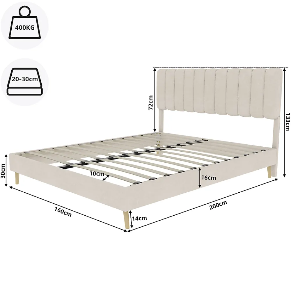 Okwish Lit Double 160x200 cm - avec Tête de Lit Douce et Base Basse Anti-Poussière, Cadre Confortable, en Velours, Beige, Sans Matelas* Lit Double