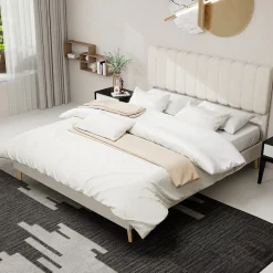 Okwish Lit Double 160x200 cm - avec Tête de Lit Douce et Base Basse Anti-Poussière, Cadre Confortable, en Velours, Beige, Sans Matelas* Lit Double