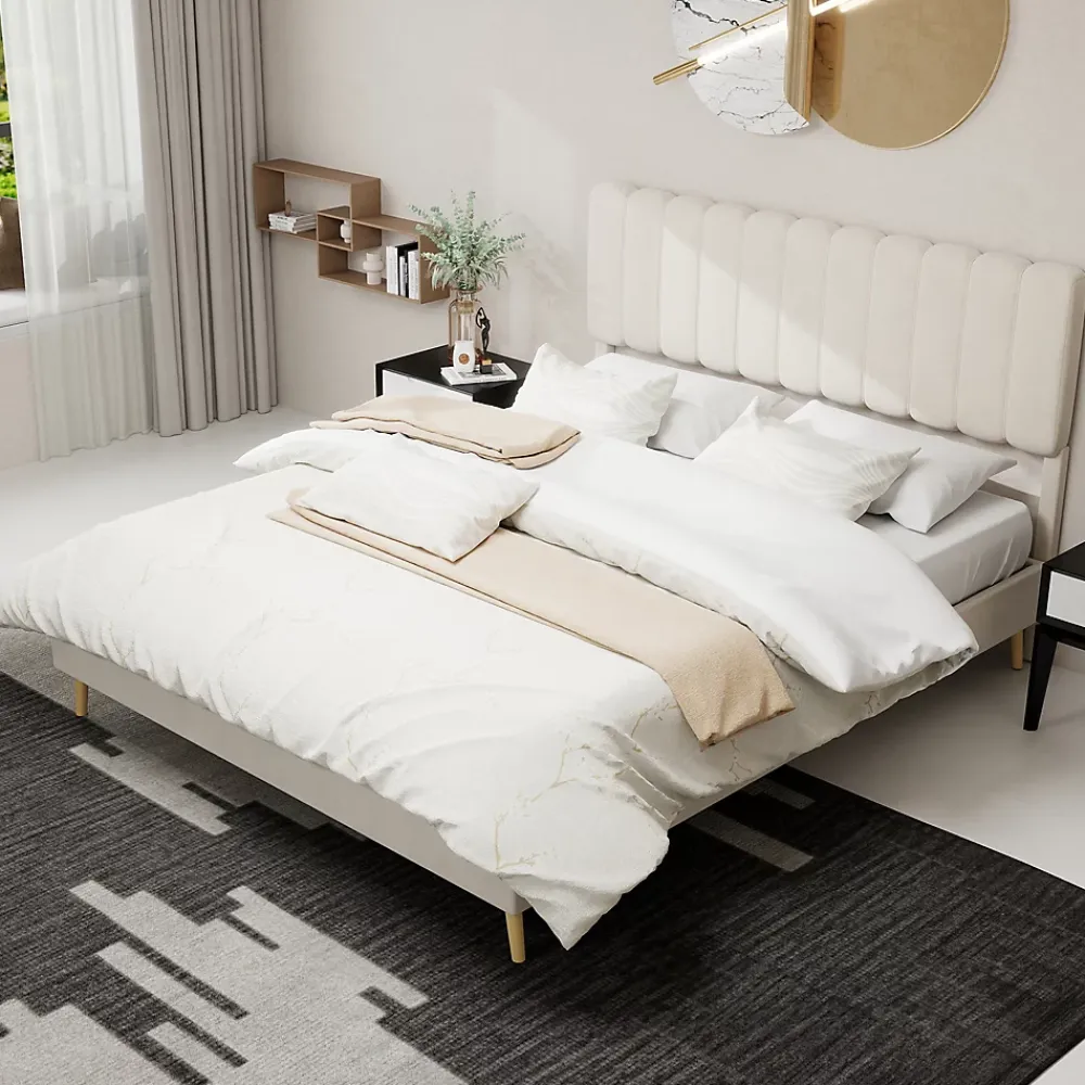 Okwish Lit Double 160x200 cm - avec Tête de Lit Douce et Base Basse Anti-Poussière, Cadre Confortable, en Velours, Beige, Sans Matelas* Lit Double