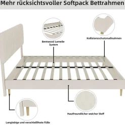 Okwish Lit Double 140x200 cm - avec Tête de Lit Douce et Base Basse Anti-Poussière, Cadre Confortable, en Velours, Beige, Sans Matelas* Lit Double