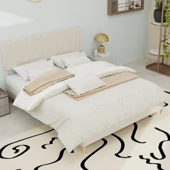 Okwish Lit Double 140x200 cm - avec Tête de Lit Douce et Base Basse Anti-Poussière, Cadre Confortable, en Velours, Beige, Sans Matelas* Lit Double