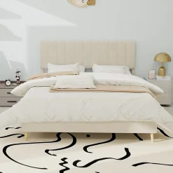 Okwish Lit Double 140x200 cm - avec Tête de Lit Douce et Base Basse Anti-Poussière, Cadre Confortable, en Velours, Beige, Sans Matelas* Lit Double