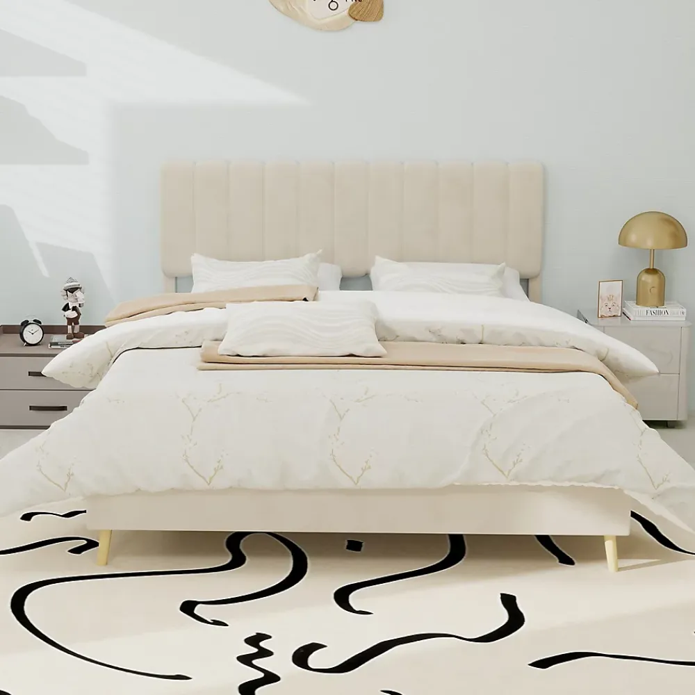 Okwish Lit Double 140x200 cm - avec Tête de Lit Douce et Base Basse Anti-Poussière, Cadre Confortable, en Velours, Beige, Sans Matelas* Lit Double