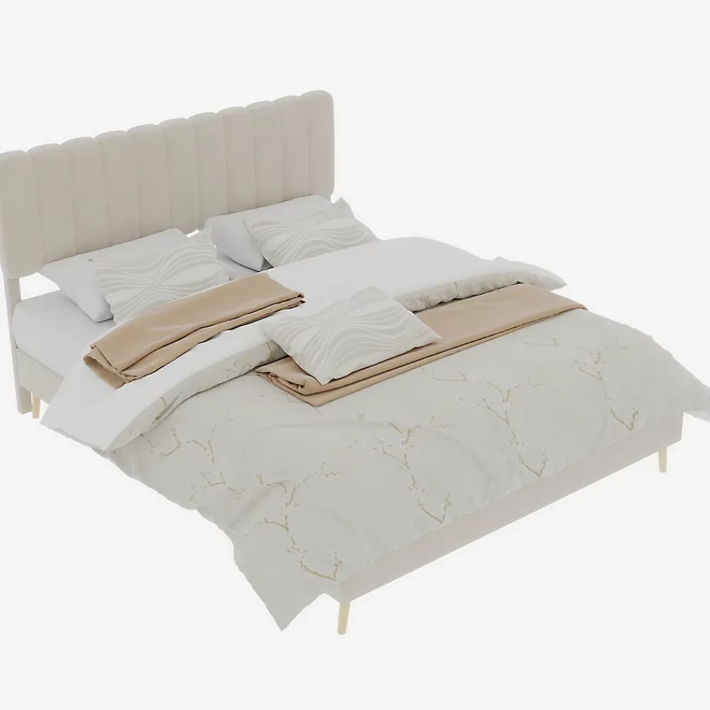 Okwish Lit Double 140x200 cm - avec Tête de Lit Douce et Base Basse Anti-Poussière, Cadre Confortable, en Velours, Beige, Sans Matelas* Lit Double