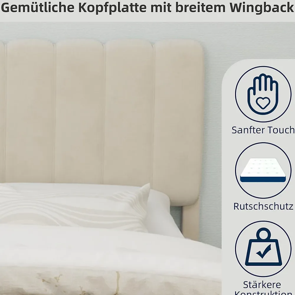 Okwish Lit Double 140x200 cm - avec Tête de Lit Douce et Base Basse Anti-Poussière, Cadre Confortable, en Velours, Beige, Sans Matelas* Lit Double