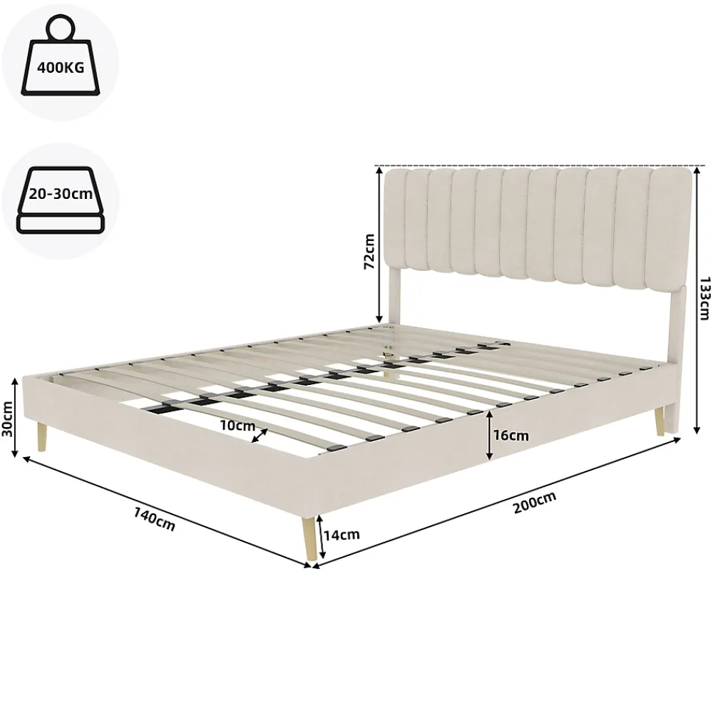 Okwish Lit Double 140x200 cm - avec Tête de Lit Douce et Base Basse Anti-Poussière, Cadre Confortable, en Velours, Beige, Sans Matelas* Lit Double