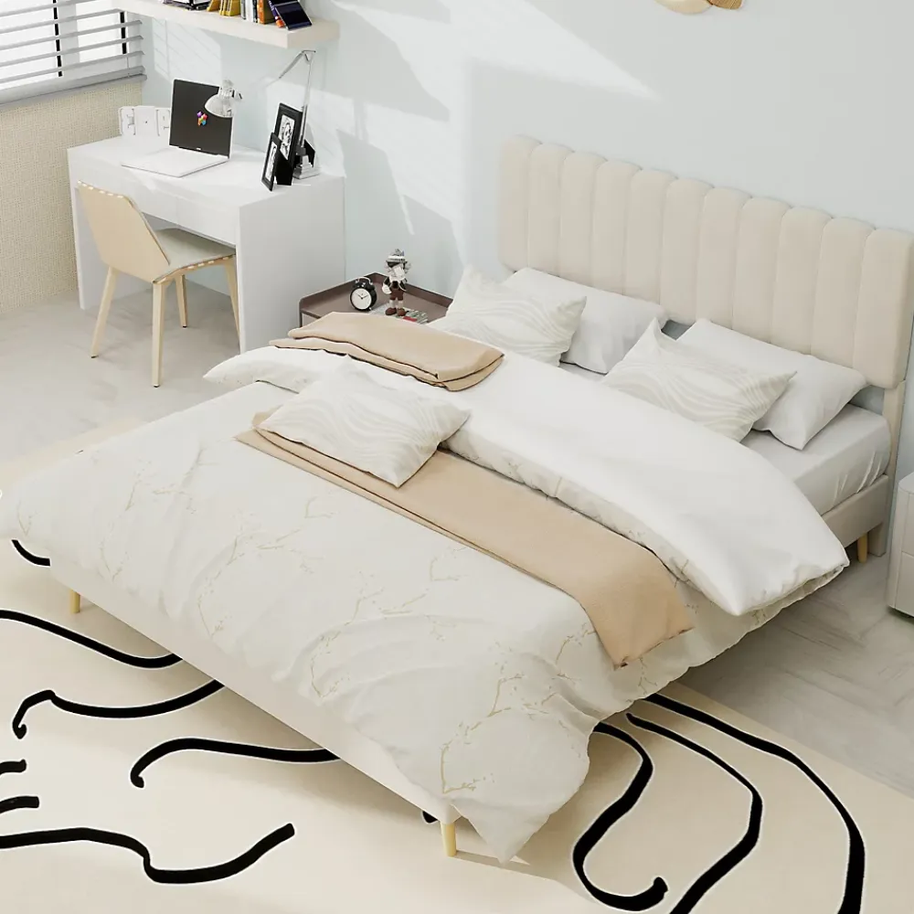 Okwish Lit Double 140x200 cm - avec Tête de Lit Douce et Base Basse Anti-Poussière, Cadre Confortable, en Velours, Beige, Sans Matelas* Lit Double