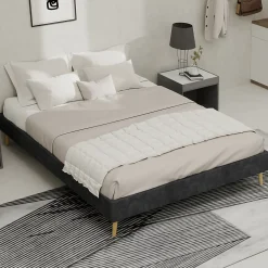 Okwish Lit Double 140x200 cm - Cadre Minimaliste Moderne à Structure Basse, Sans Tête de Lit, Sans Matelas, en Velours Hollandais, Gris* Lit Double
