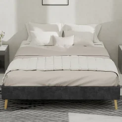 Okwish Lit Double 140x200 cm - Cadre Minimaliste Moderne à Structure Basse, Sans Tête de Lit, Sans Matelas, en Velours Hollandais, Gris* Lit Double