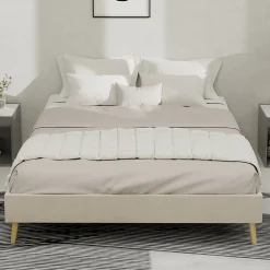 Okwish Lit Double 140x200 cm - Cadre Moderne, Revêtement en Velours, sans Matelas, Beige* Lit Double